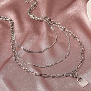 Silver Lock Layered Chain Necklace